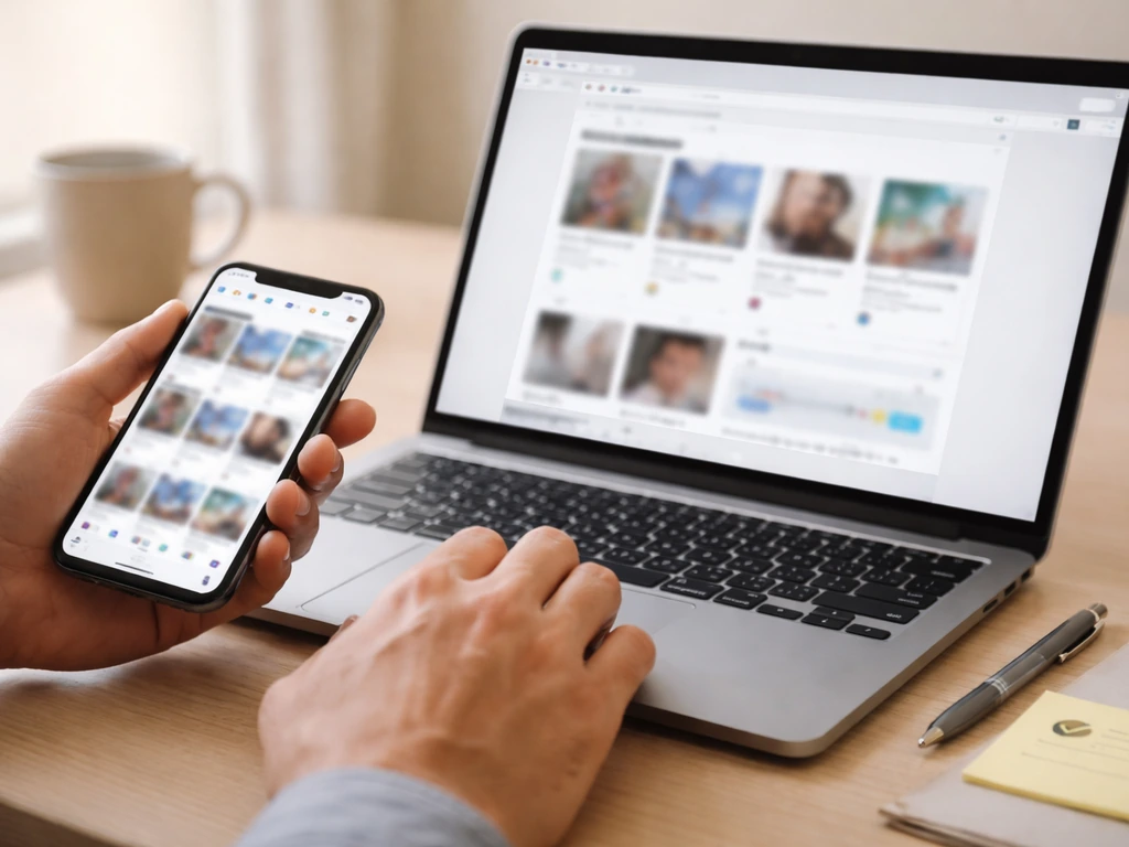 Hands reviewing blurred social media posts on phone and laptop during estimate verification research.