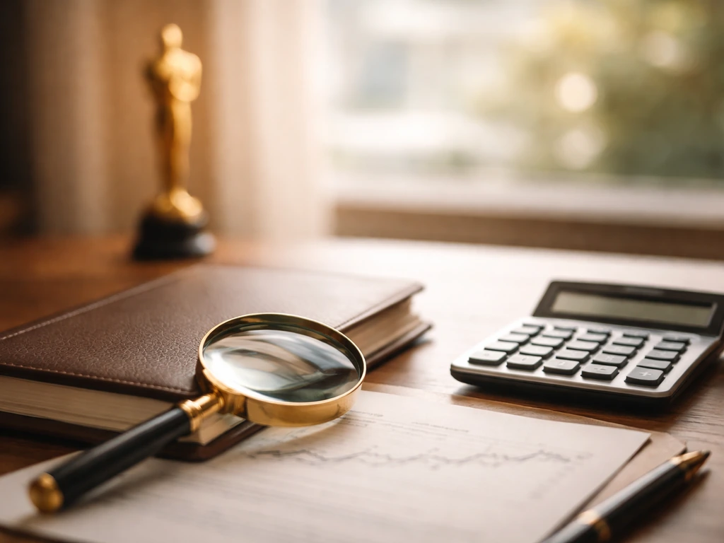 Magnifying glass over a ledger and calculator with a film award silhouette, suggesting actress net worth research.
