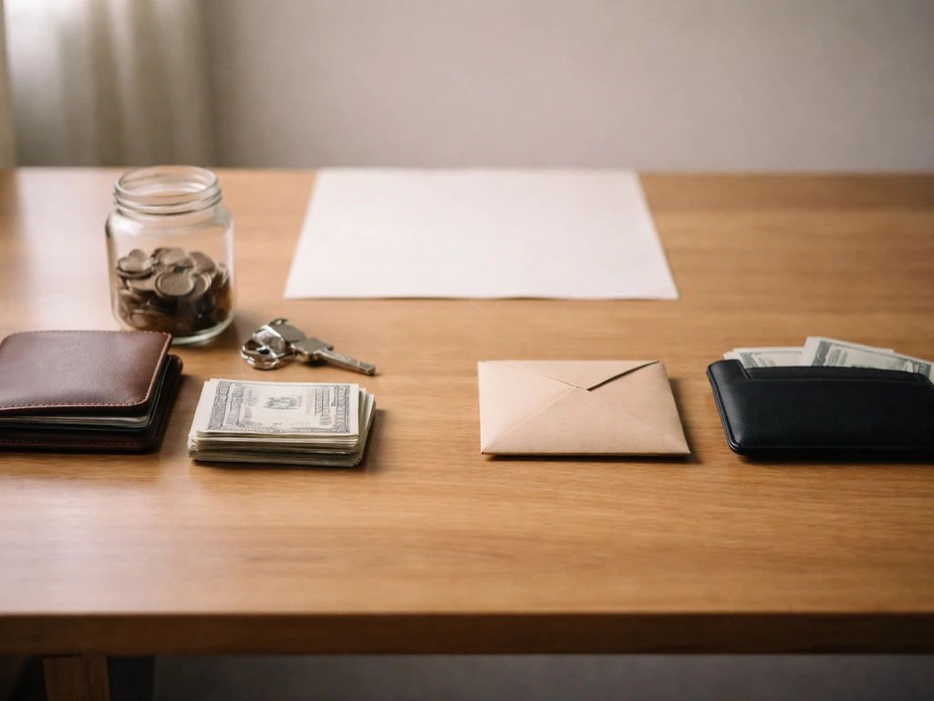 Minimal desk scene with cash and investments on one side, debt-like items on the other.