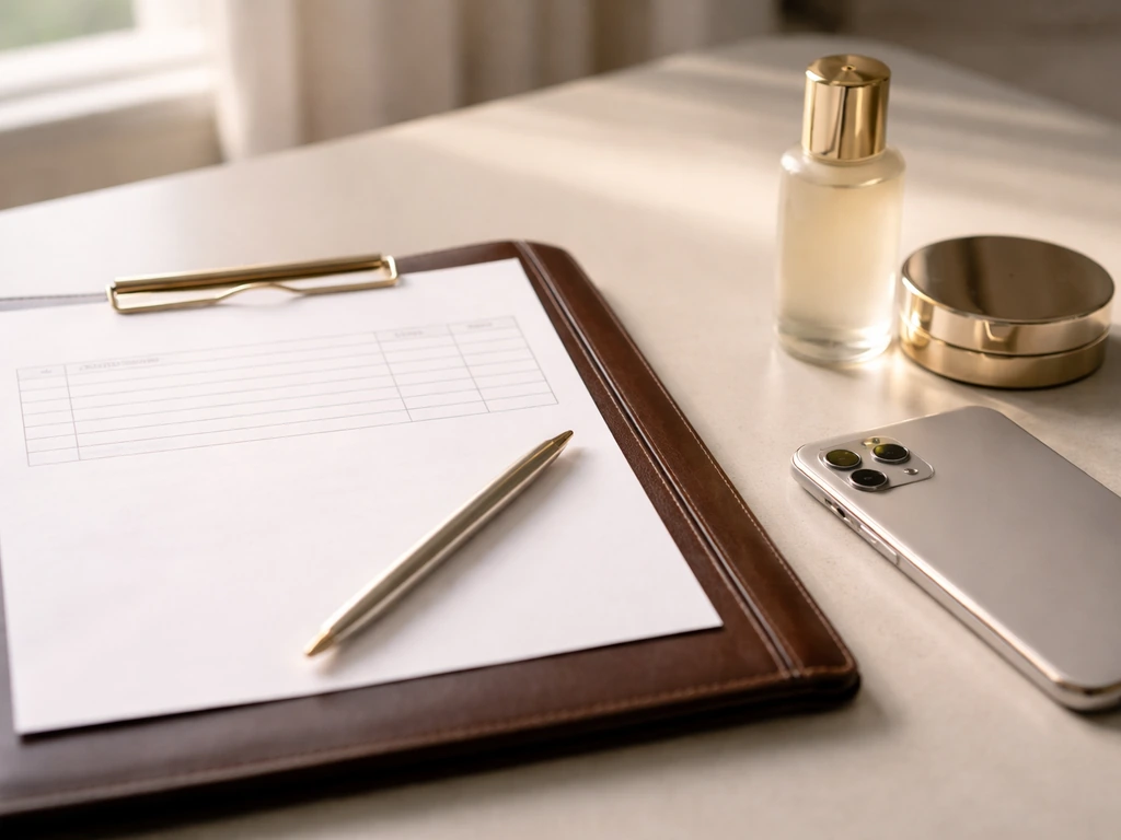 Minimal still life of an invoice, portfolio folder, and beauty-product items symbolizing acting and royalty wealth.