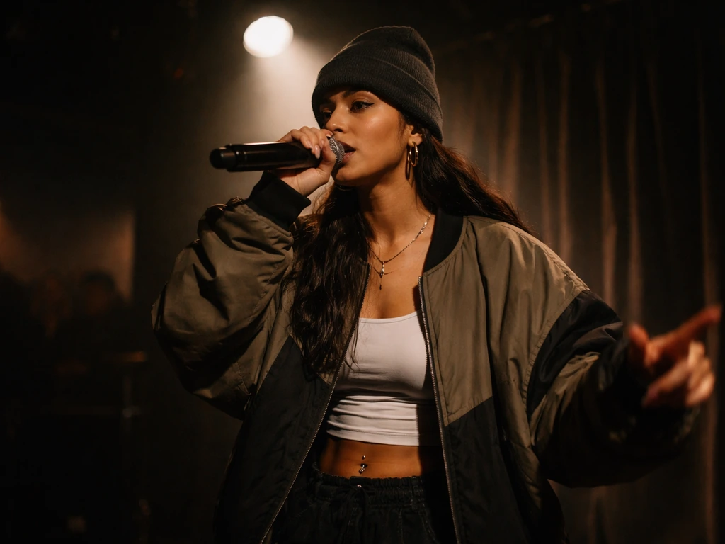 Anonymous female hip-hop performer singing into a wireless mic on a small stage under warm spotlight.