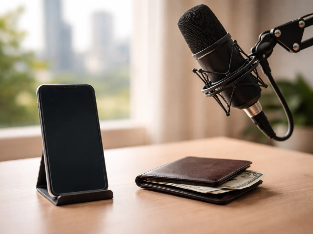 Minimal home office desk with cash and a media microphone, symbolizing a supported net worth range.