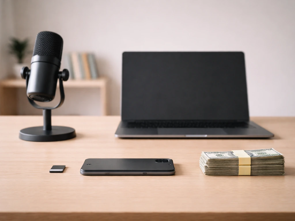 Minimal studio desk with microphone and scattered cash as a symbolic timeline of growth