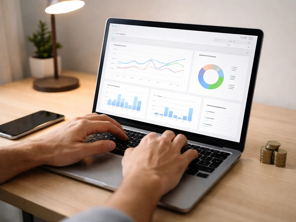 Person reviewing a financial app dashboard on a laptop in a quiet home office