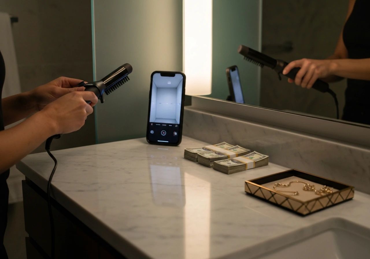 Stylish bathroom lifestyle scene with soft lighting, smartphone, and subtle wealth symbolism