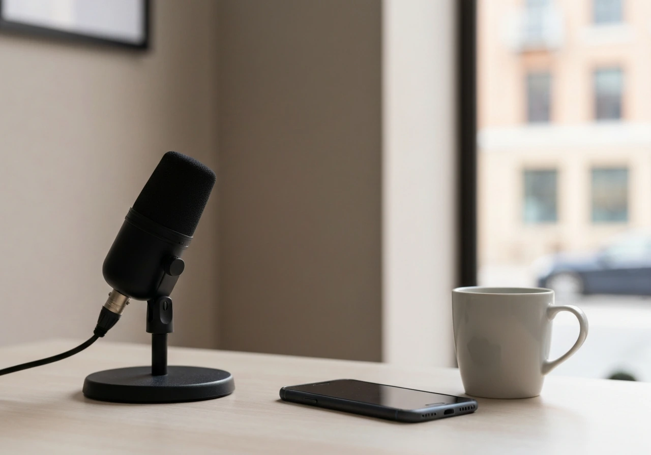 Minimal desk scene with a microphone and phone, suggesting a lifestyle media creator profile.