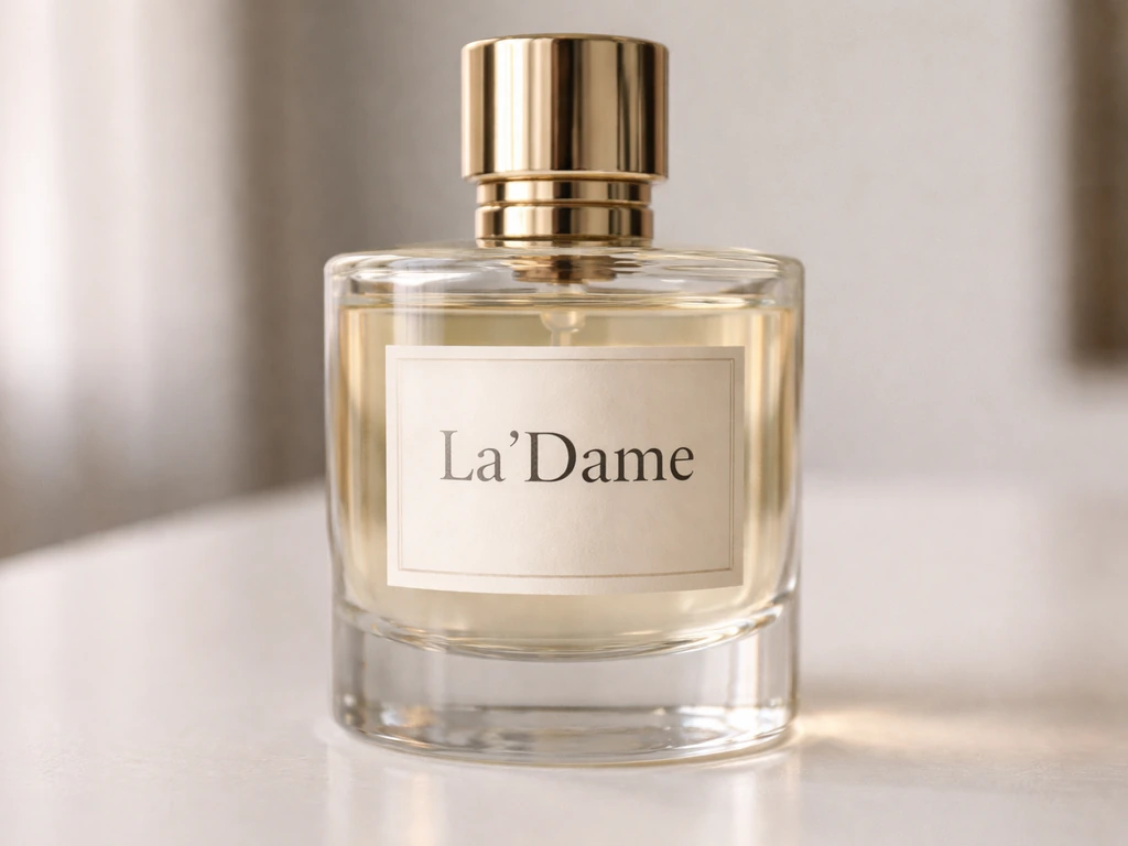 Close-up of a “La'Dame” perfume bottle label branding, with soft bokeh background.