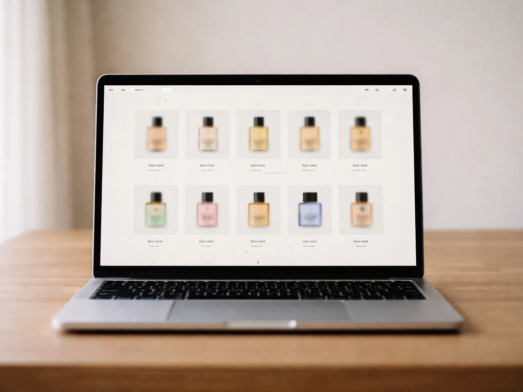 Candid photo of a laptop displaying an e-commerce storefront page for a fragrance brand.