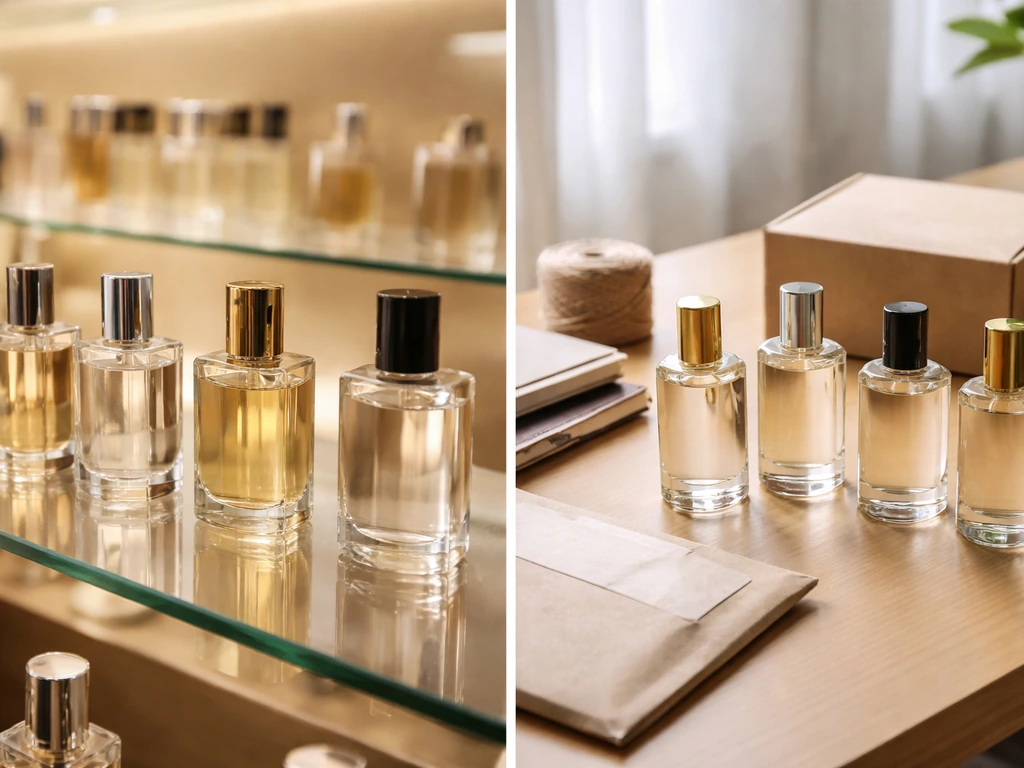 Department-store shelf perfume lineup contrasted with e-commerce-style fragrance bottles on a desk