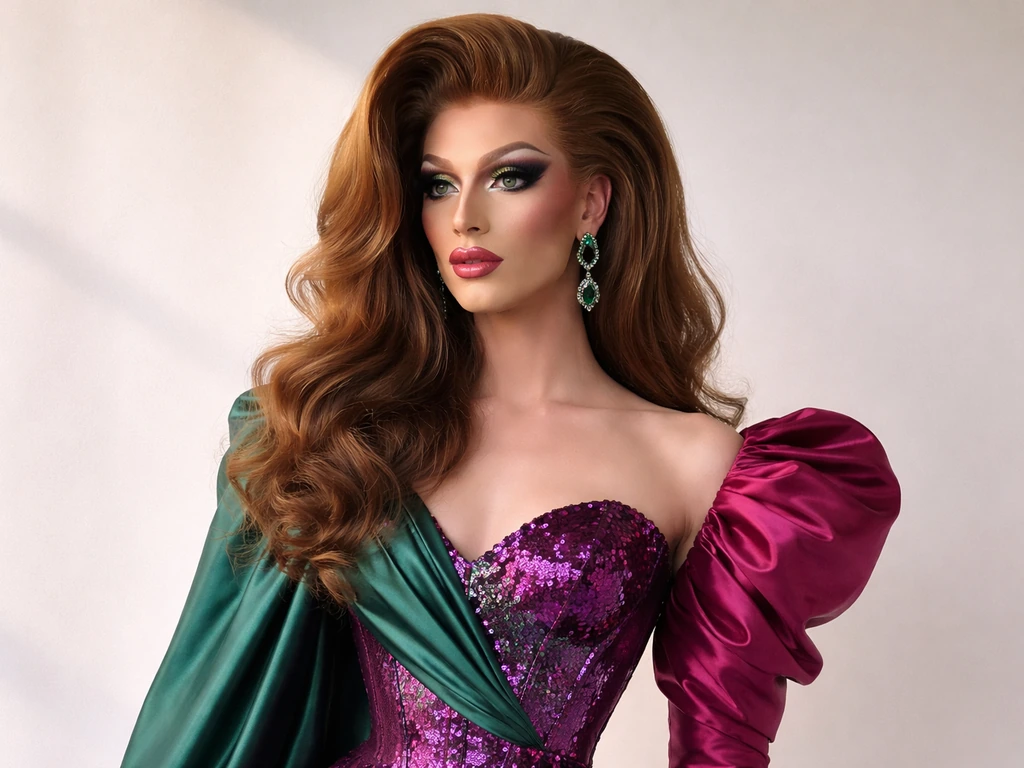 Utica Queen in dramatic drag makeup and a stylish outfit, captured in a simple bright studio setting