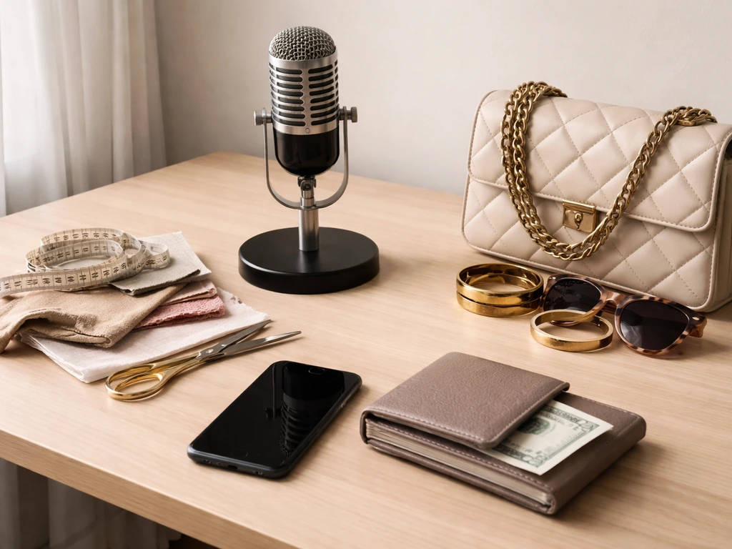 Minimal studio desk with microphone, fashion items, and wallet suggesting multiple income streams.