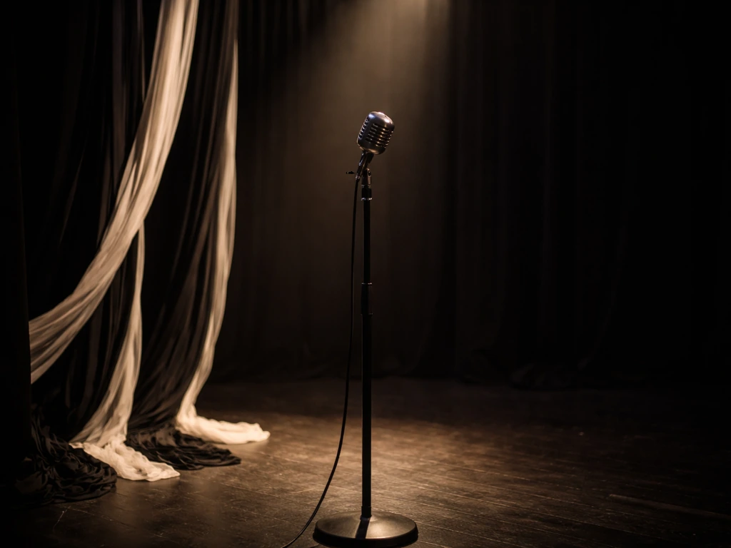 Backstage stage microphone and draped fabric under a warm spotlight, signaling live bookings and appearances.