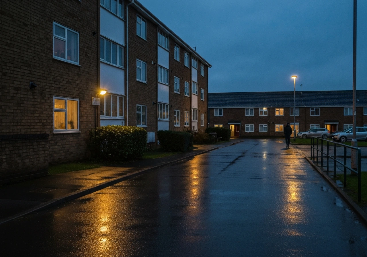 UK council-estate exterior at dusk with a streetlight glow and a blurred skyline in the background.
