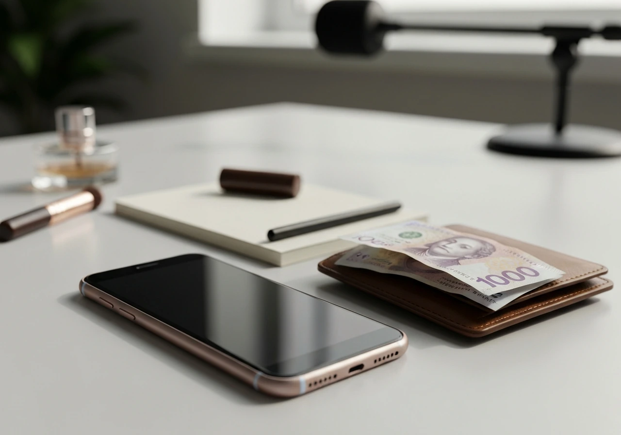 Minimal photo of a fashionably styled smartphone on a desk beside a notebook and cash—media and lifestyle vibe.