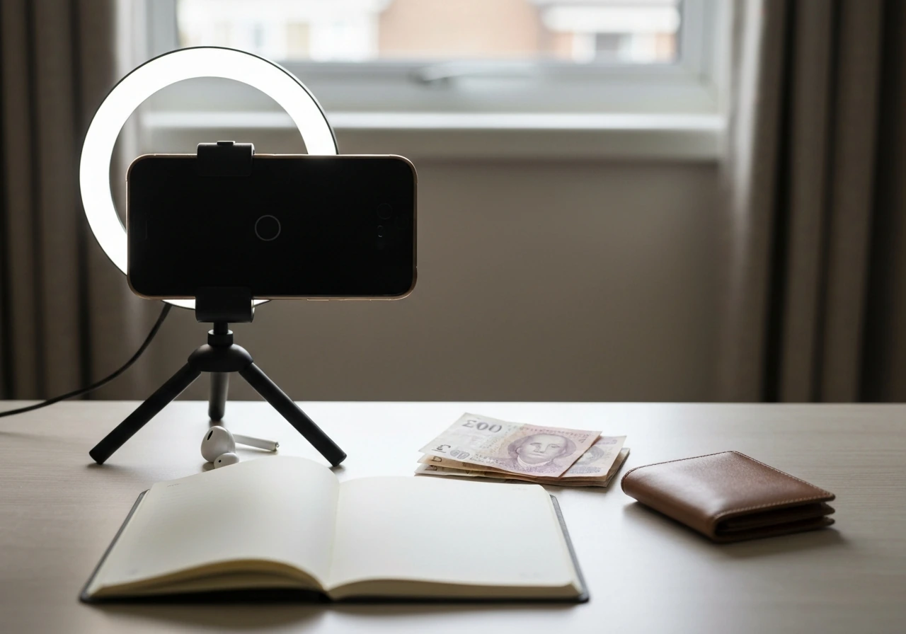 Minimal desk scene showing an influencer setup with phone, small cash, and a branded-free studio feel.