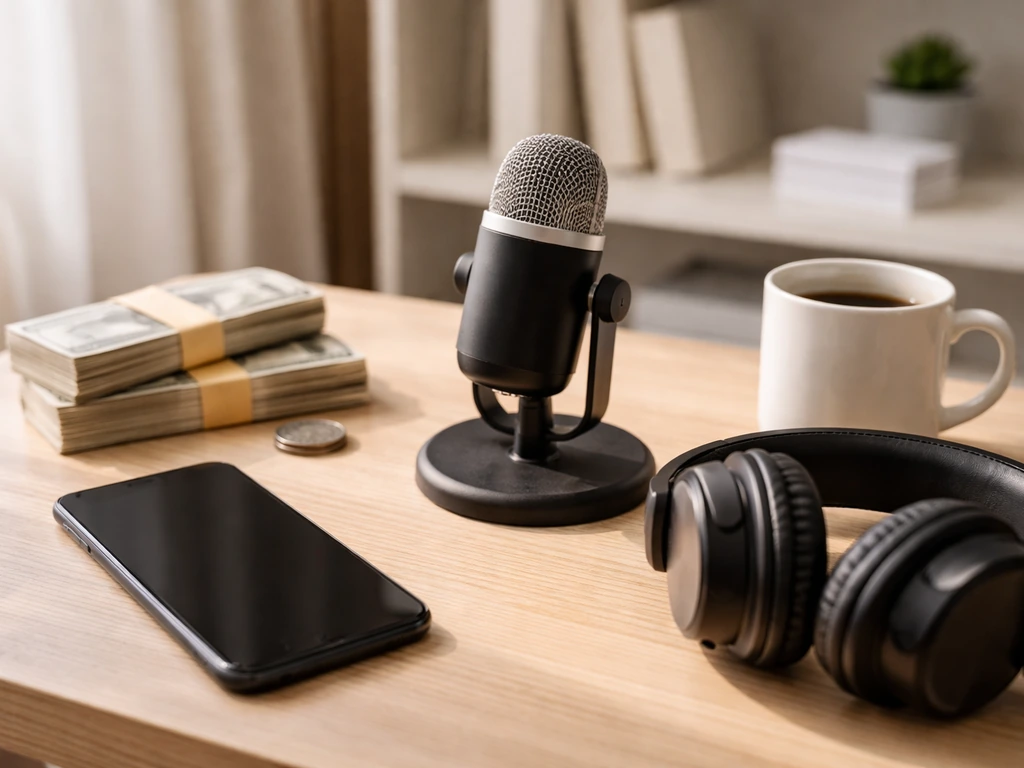 Minimal desk scene with phone, podcast microphone, headphones, and tied cash symbolizing creator media growth.