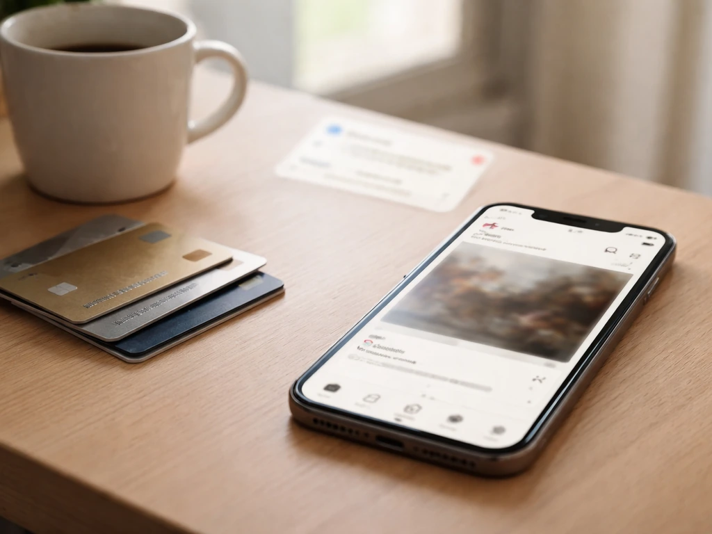 iPhone on a desk with blurred social feed and monetization cues, coffee and payment cards nearby.