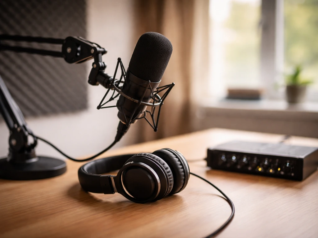 Podcast recording setup with microphone and audio gear on a simple desk, suggesting a media network.