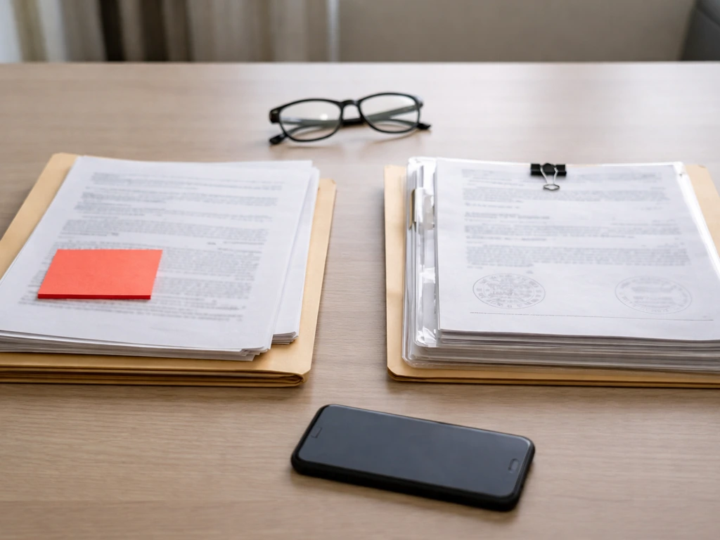 Minimal desk scene with two folders labeled only by color highlights, suggesting unverified vs verified sourcing