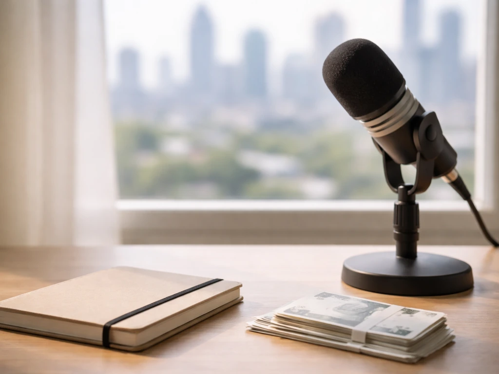 Minimal desk scene with microphone and money envelopes, symbolizing net worth research.