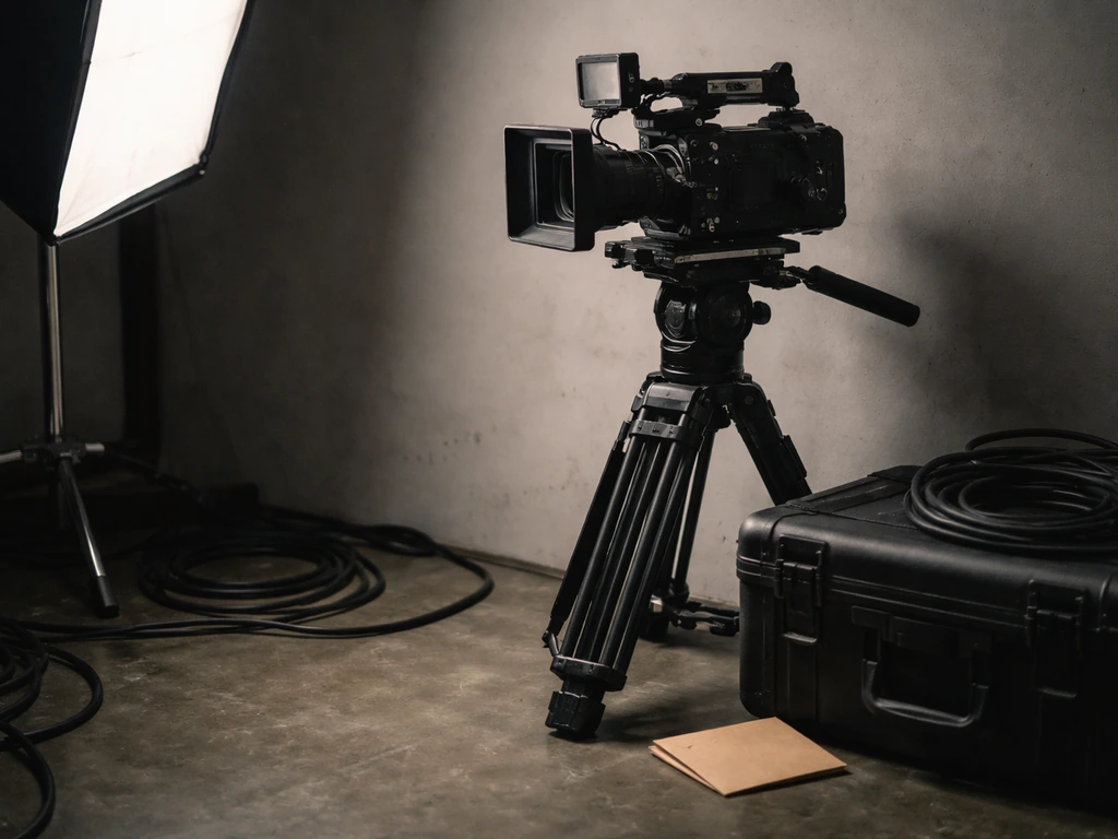 Minimal film production scene with a small cash envelope and professional lighting, symbolizing a credible net-worth ran