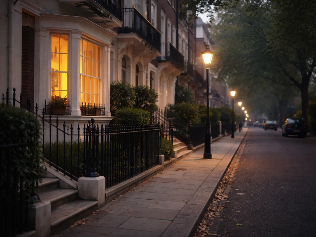 Quiet London residential street with a warm-lit window, suggesting upscale lifestyle without showing any person.