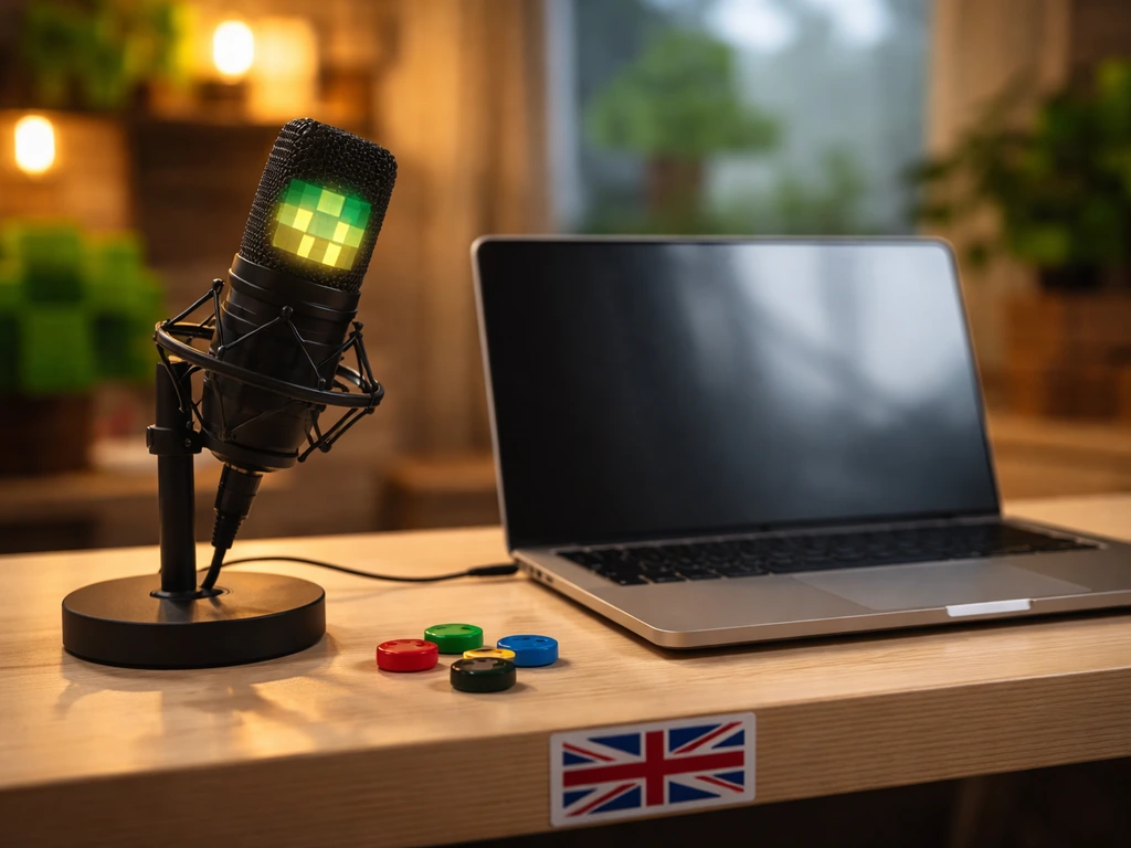Minimal studio desk scene with microphone and gaming setup, symbolizing a Minecraft YouTuber’s income work.