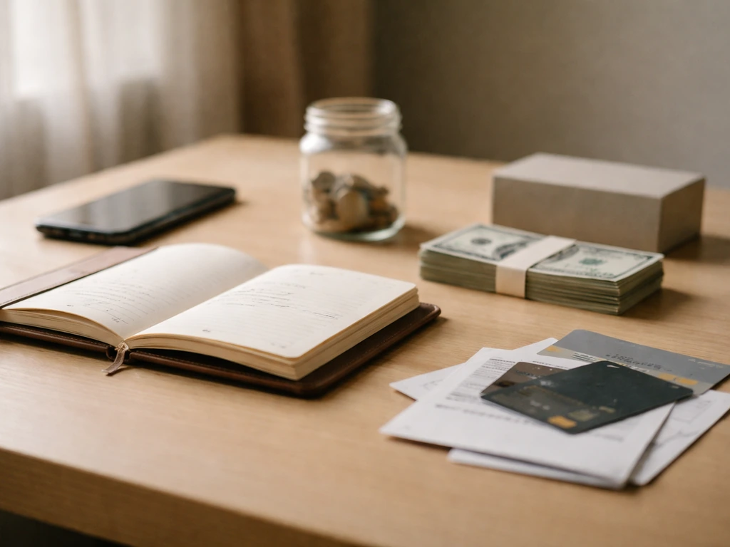 Creator workspace with money, a small investment box, and a ledger-style notebook symbolizing assets minus debts