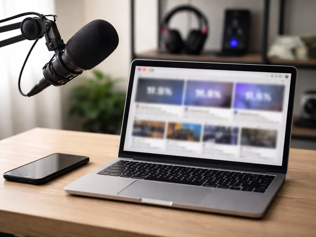 Minimal creator desk with laptop showing blurred video views, microphone, and subtle money symbolism.