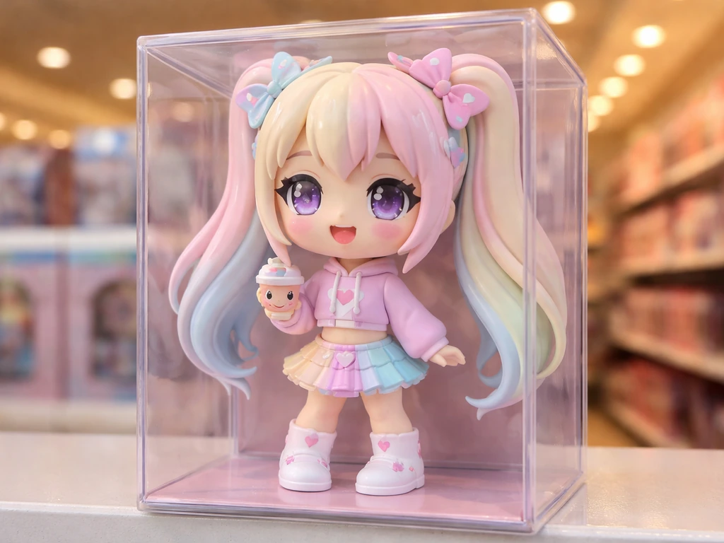 Close-up of a collectible figure inside a clear retail box on a shelf with blurred store background.