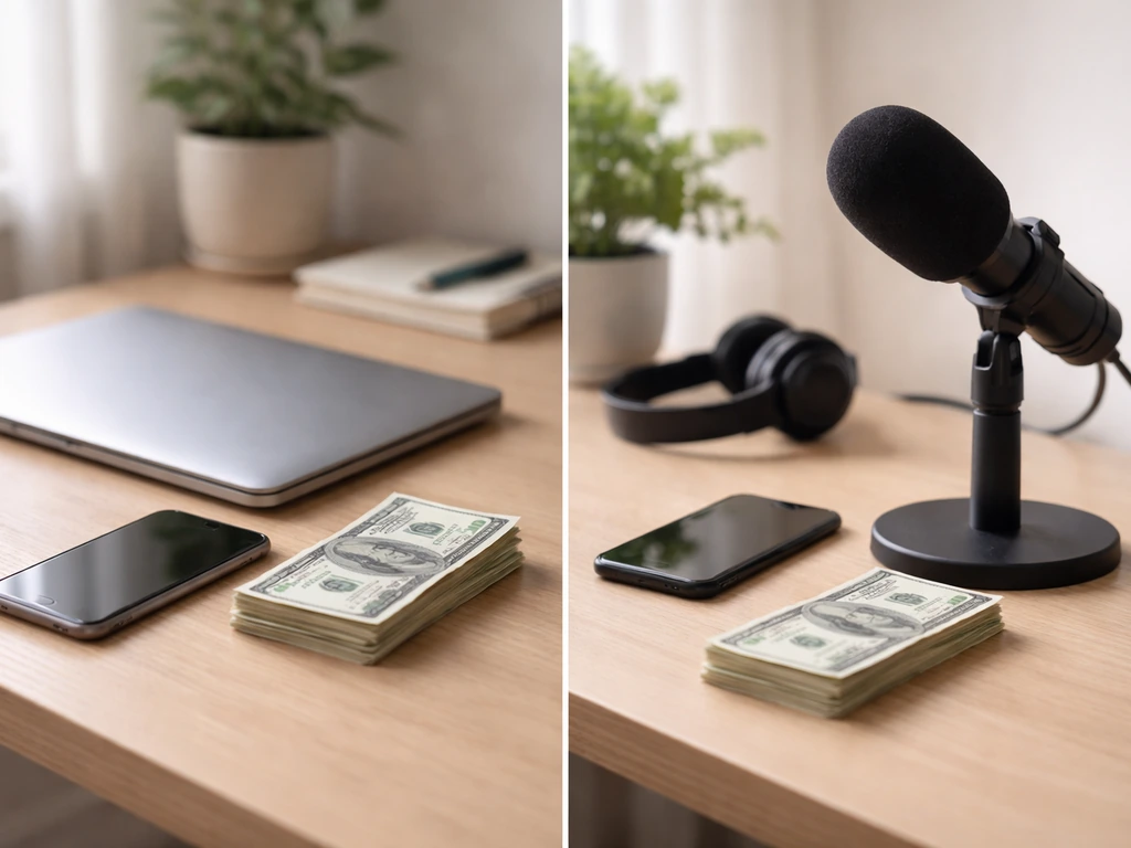 Minimal split scene of two desk setups with smartphones, cash, and media gear, symbolizing multiple profiles.