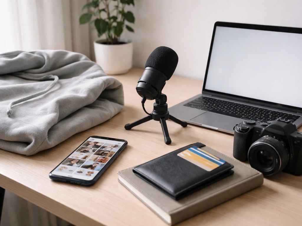 Minimal creator desk with phone, microphone, laptop, and merch cues for sponsored and affiliate income.
