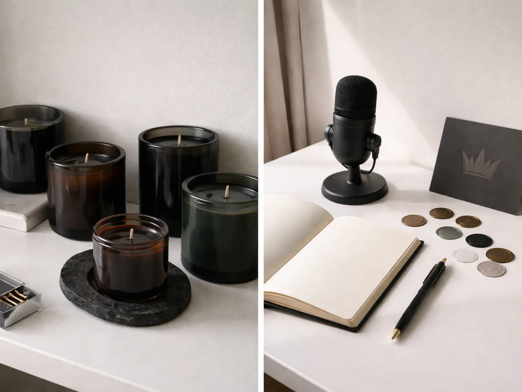 Split view of luxury candles and a founder-style media desk setup, symbolizing brand and creator impact.