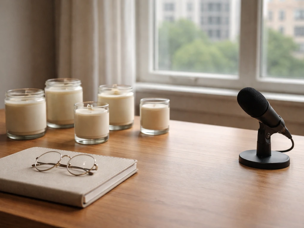Minimal studio desk with candle jars, a notebook, and a muted city backdrop symbolizing brand comparison analysis.