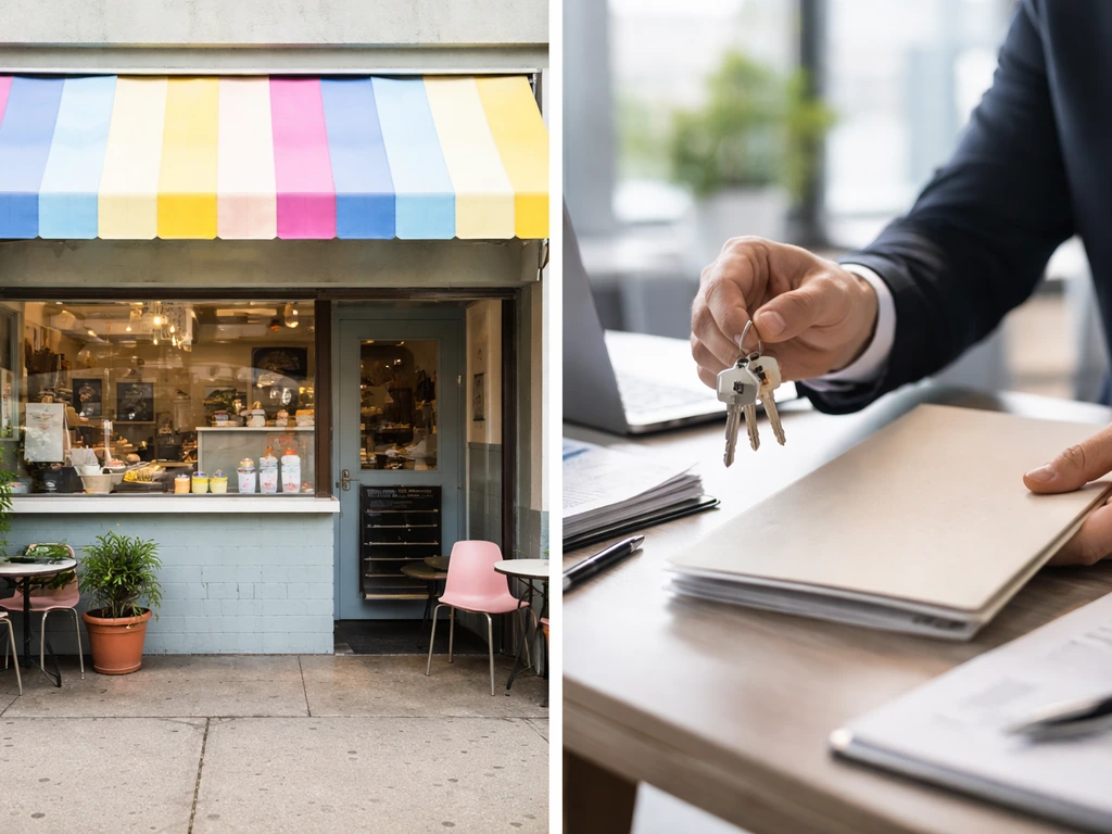 Split-screen: ice-cream shop storefront vs anonymous corporate finance desk representing franchise vs corporate value.