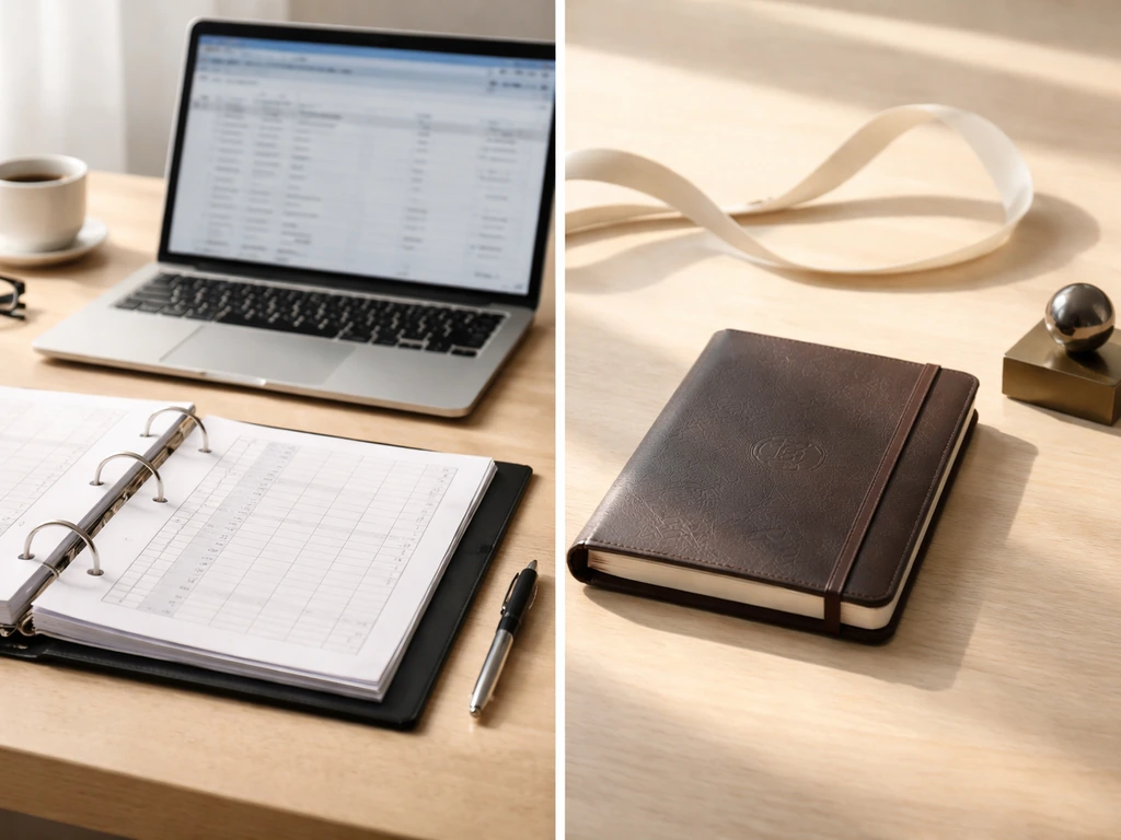 Minimal side-by-side finance desk: corporate earnings tools on left and brand-royalty symbolism on right.