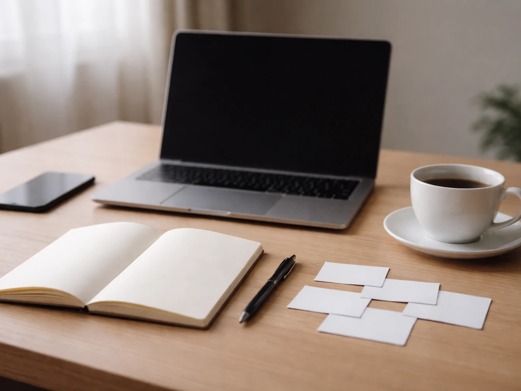 Minimal office desk with blank checklist cards, pen, laptop, and coffee for a media/finance sanity-check workflow.