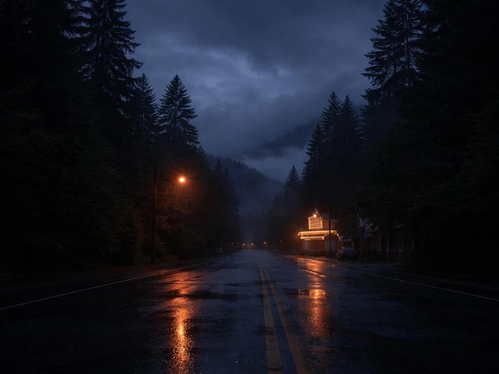 Moody twilight sky over a misty, rain-damp forest town street with warm streetlight reflections.