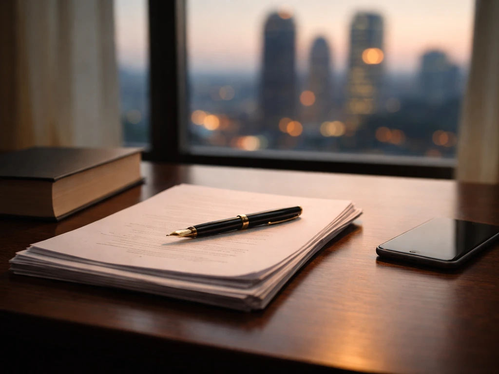 Hand holding a pen over a script at a desk with a blurred city skyline and a closed book nearby