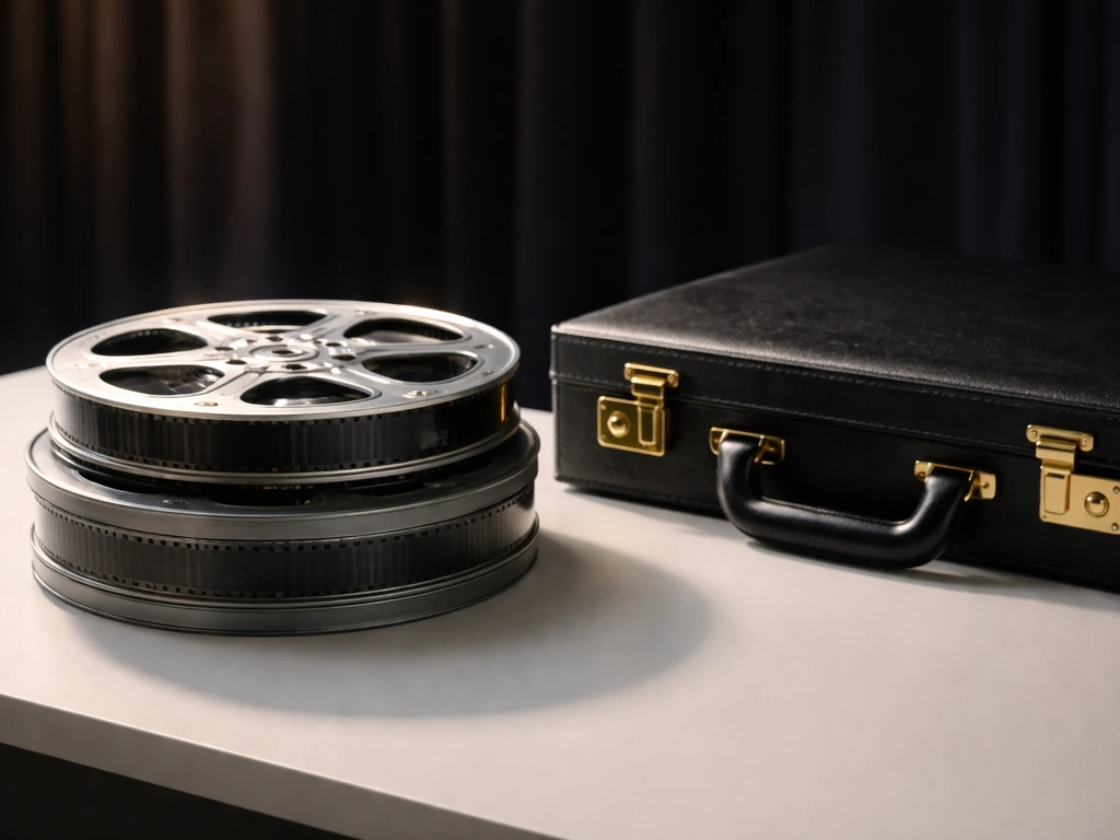 Minimal scene showing two stacked film reels and a briefcase on a desk, symbolizing box office vs budget.