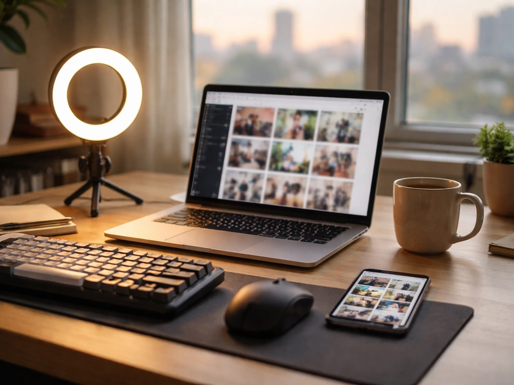 Minimal creator desk with laptop, ring light, and generic phone thumbnails, symbolizing a lifestyle gaming brand