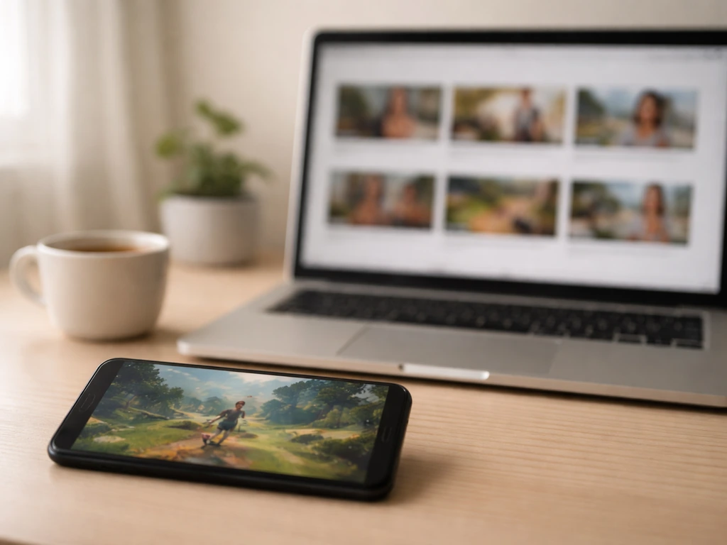 Close-up of a smartphone showing a paused gaming scene beside a laptop with a coffee cup in a quiet room