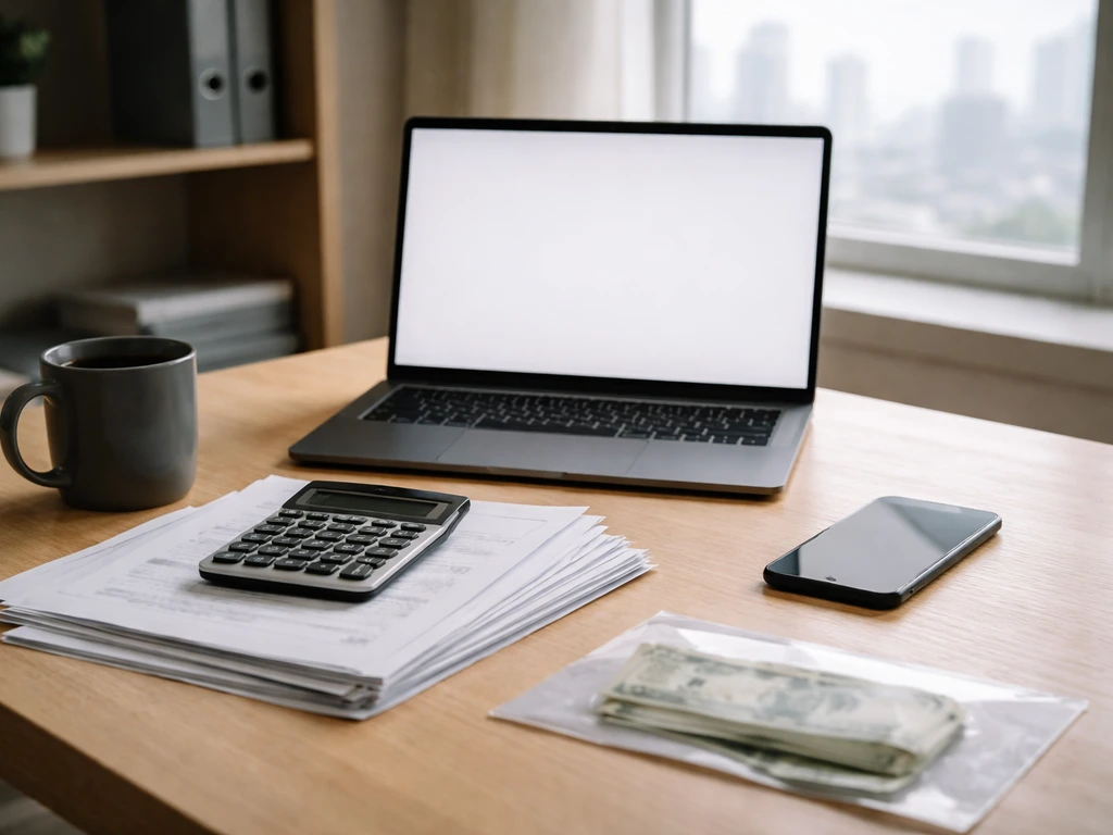 Minimal desk scene with laptop, documents, calculator, and money suggesting financial estimate evidence review.