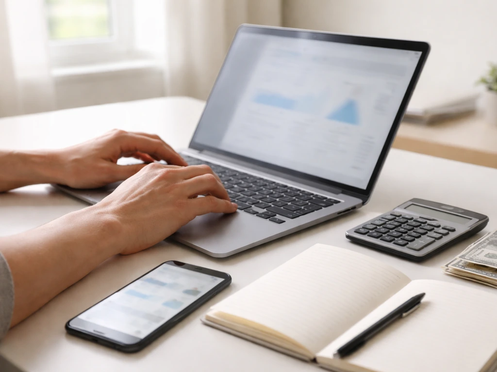 Hand using laptop beside smartphone showing anonymous finance and media analytics placeholders