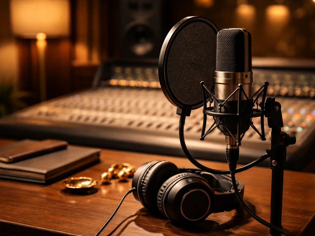 Close-up of a studio microphone with headphones and upscale desk lighting, suggesting a rapper’s creative workspace.