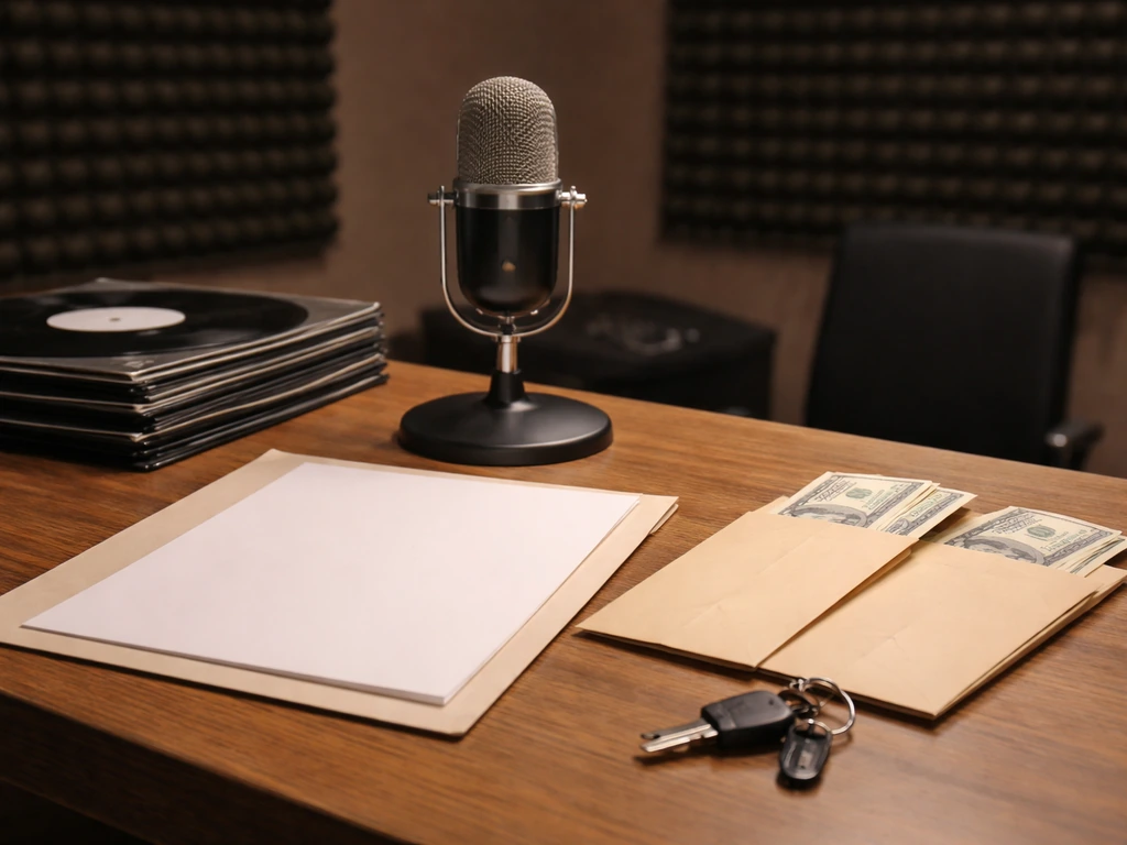 Minimal photo of a recording studio desk with a microphone, vinyl, and cash envelopes beside a folder