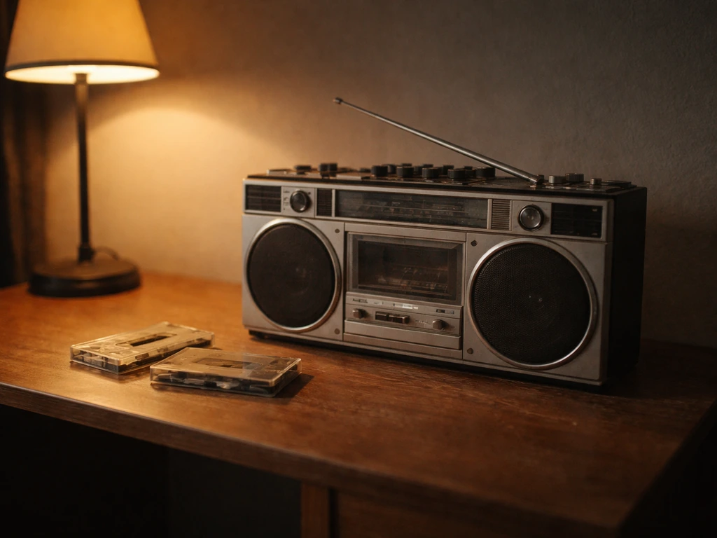 Minimal photo of a vintage boombox on a desk with dim studio lighting, evoking a mid-1990s music era.