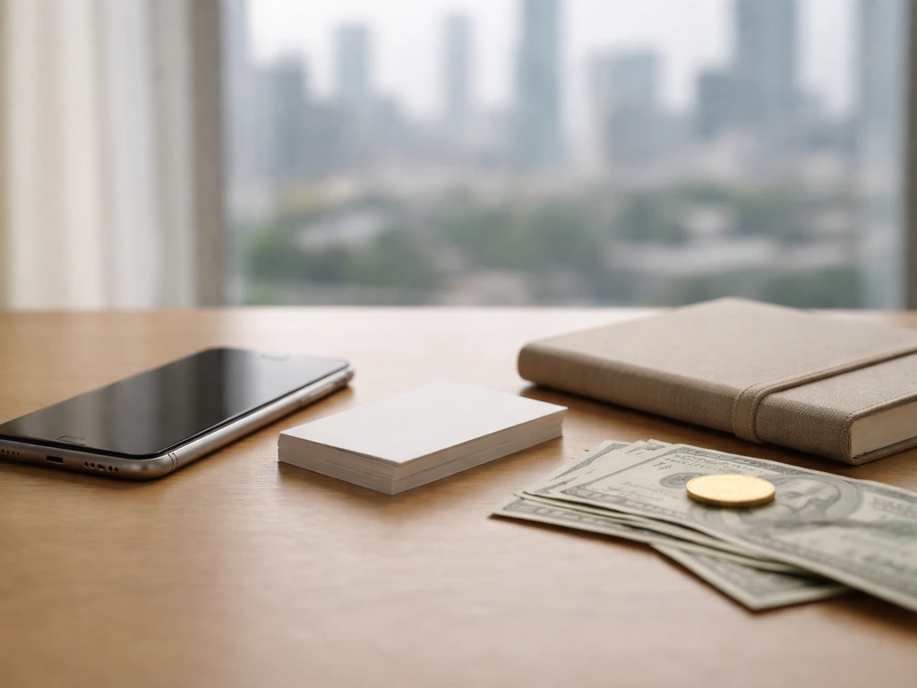 Minimal desk scene with cash and a gold coin beside a phone and notebook, symbolizing money comparisons.