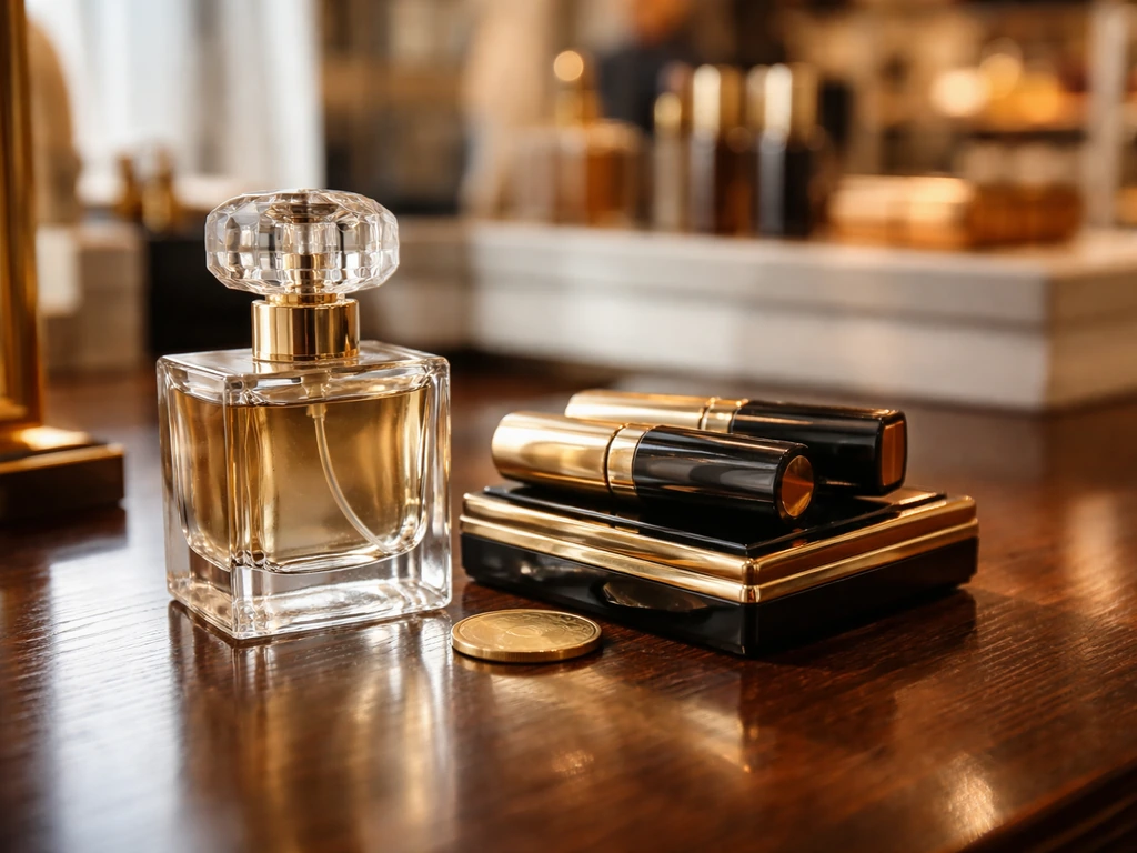 Luxury beauty vanity with premium cosmetics and a single gold coin symbolizing founder-led wealth.