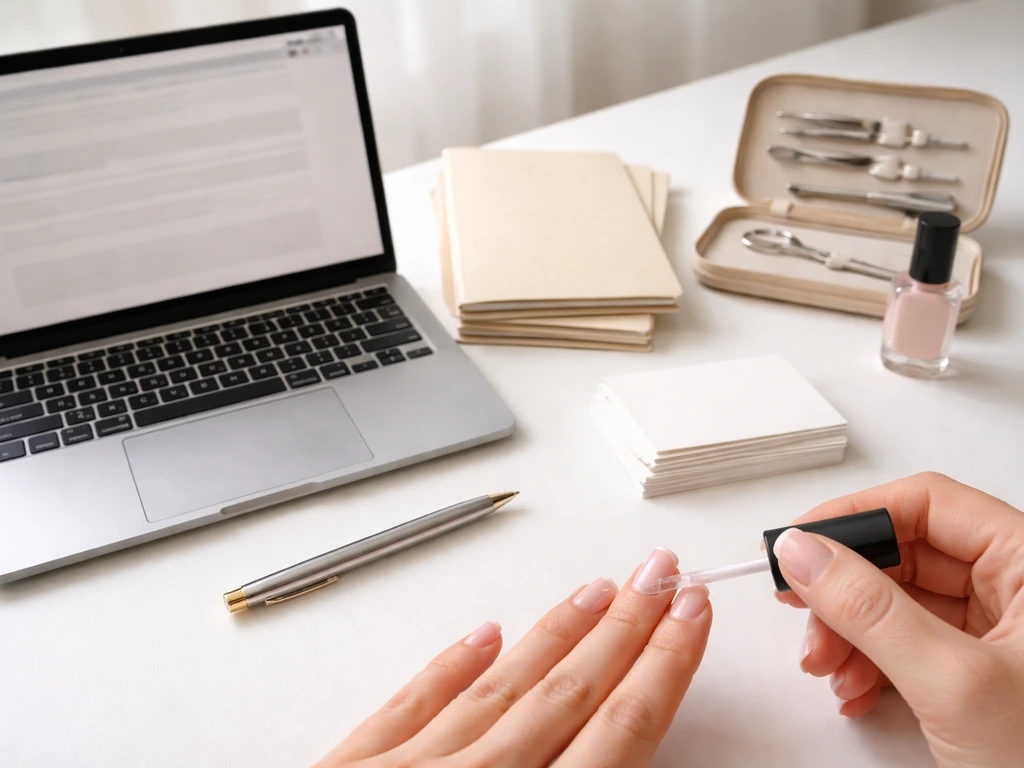 Minimal desktop scene with neutral reference documents, a laptop, and a small luxury manicure detail